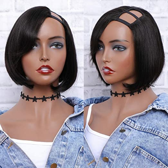 U Part Bob Wig Short Straight Human Hair - Picture 1 of 2